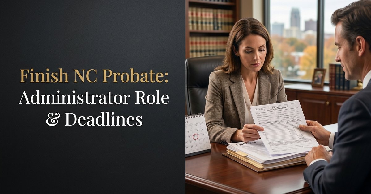 How do I finish probate after I have already been appointed administrator and my previous lawyer withdraws? NC