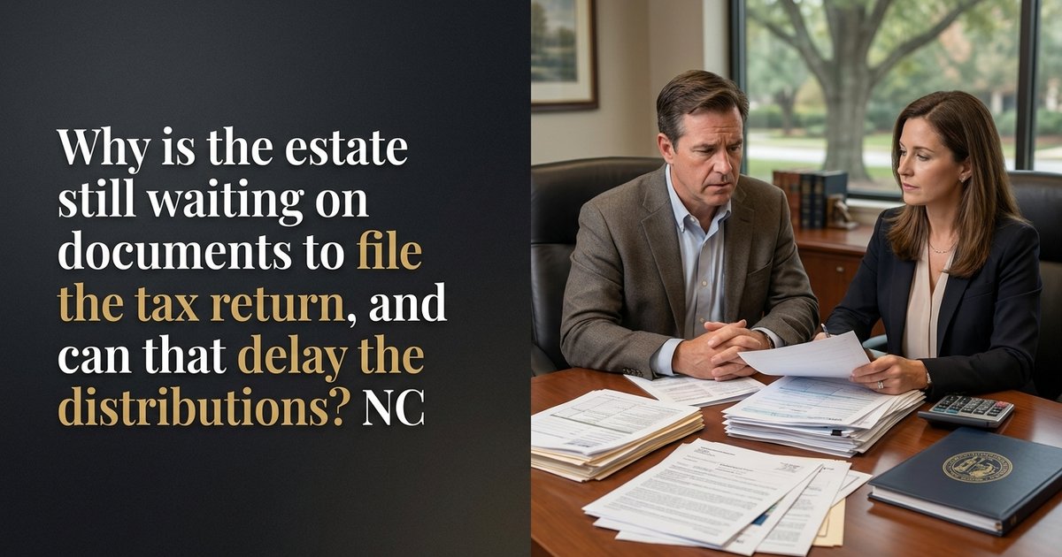 Why is the estate still waiting on documents to file the tax return, and can that delay the distributions? NC