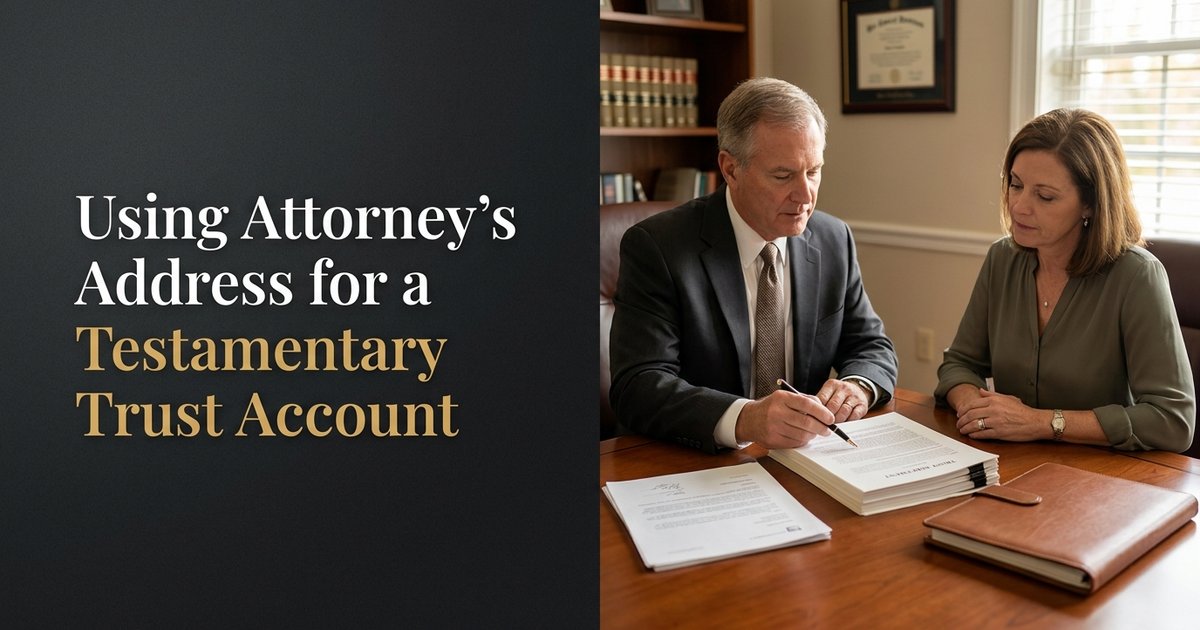 Can an attorney’s office address be used as the mailing address for a testamentary trust account while the estate assets are being gathered and distributed? NC