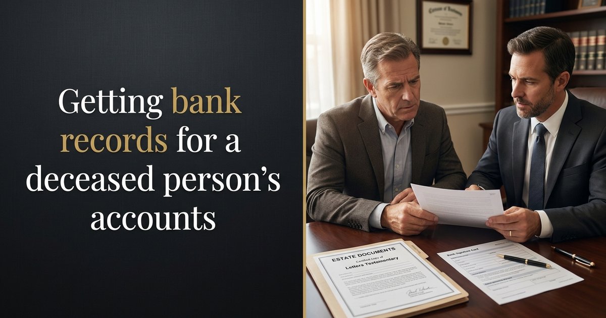 How do I get a bank to provide signature cards and date-of-death statements for a deceased person’s accounts when the branch staff seems confused? NC