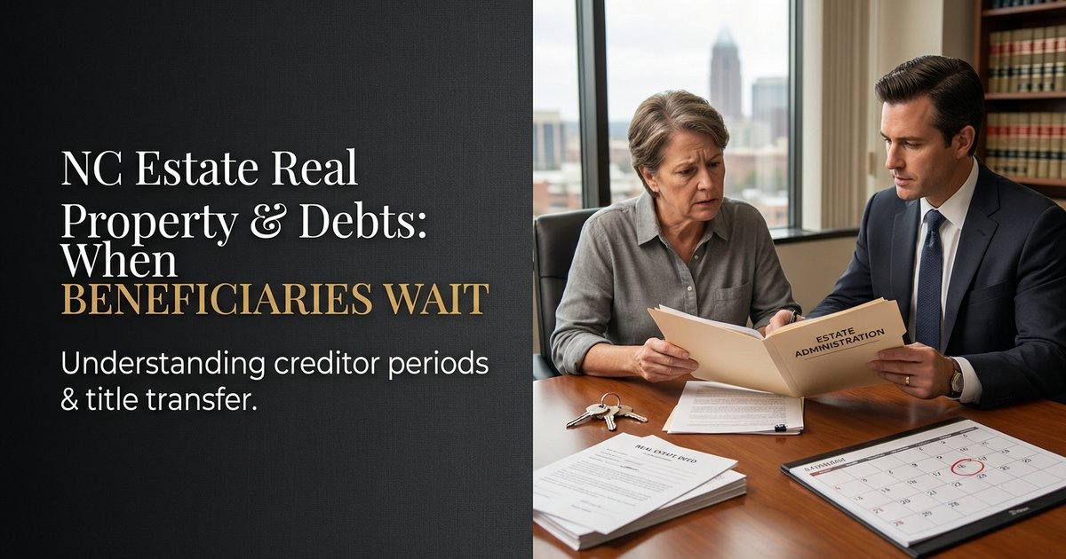 When does a beneficiary have to wait to receive real property from an estate if there may be debts? NC