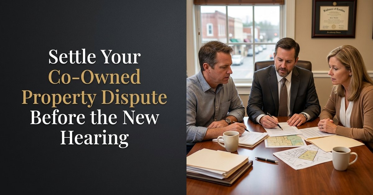 What are my options if I want to settle a co-owned property dispute before the new hearing? NC