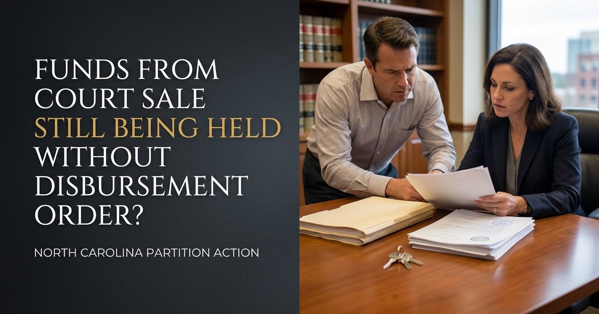 What can I do if funds from a court-ordered property sale are still being held without a disbursement order? NC