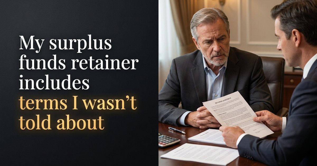 What should I do if the retainer agreement for my surplus funds case seems to include terms I was not told about before? NC