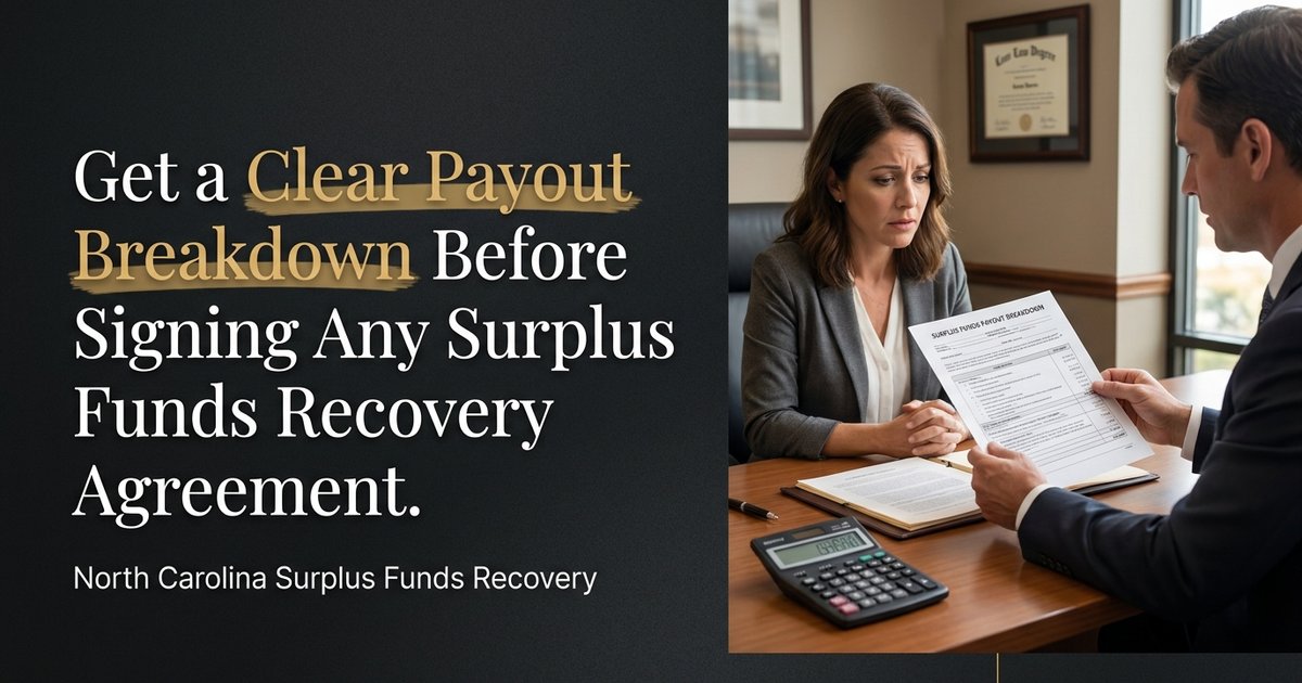 Can I ask for a full breakdown of how my surplus funds payout will be calculated before I sign the agreement? NC