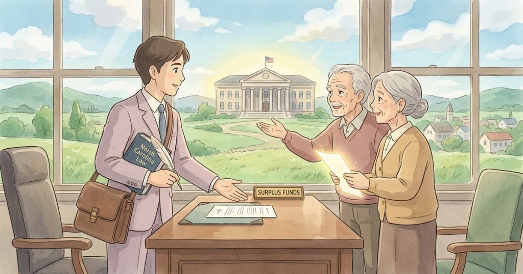 How can I claim surplus funds from a property sale when I’m listed as a beneficiary of the estate? NC