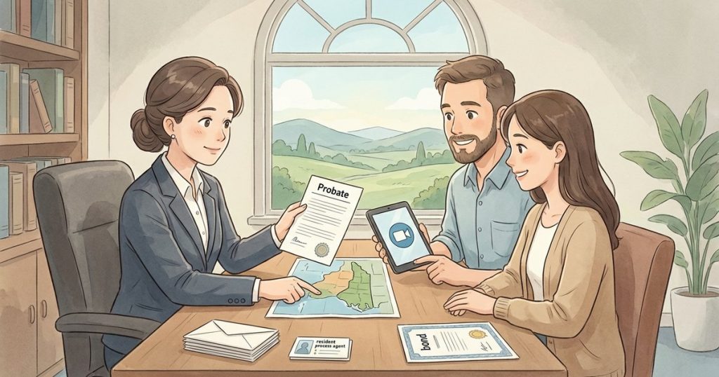 Can I handle an estate in another state without traveling back and forth, and what extra requirements apply if I live out of state? nc