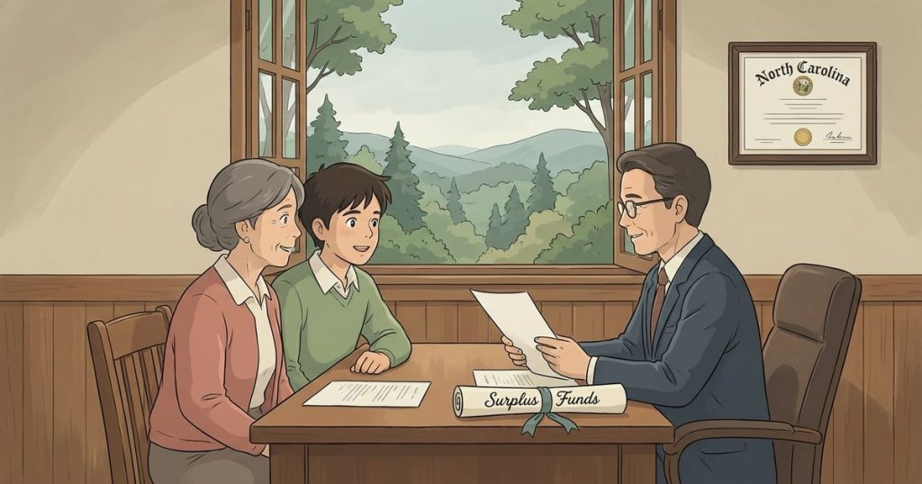 If a deceased spouse’s name is still on the deed, can that spouse’s relatives or children claim part of the surplus funds? nc