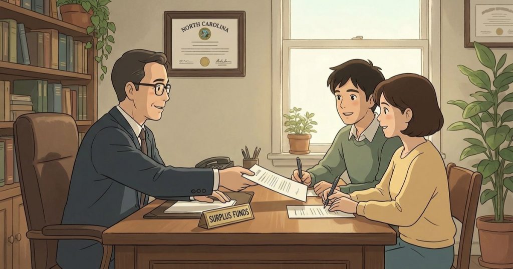 What do I need to do to officially have a law firm represent me in a surplus funds claim? NC